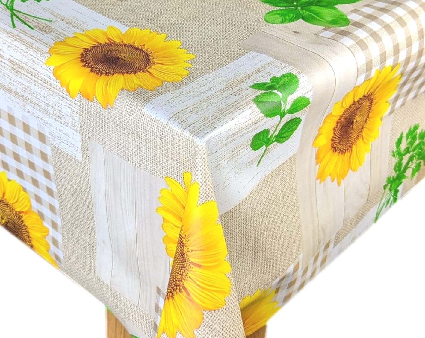 Karina Home Taupe and Yellow Sunflower Wipe Clean Tablecloth Vinyl PVC Table Cover Wipeable Table Cloth (Taupe, 140cm x 140cm)