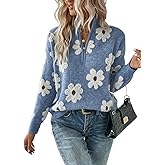 SOLY HUX Women's Quarter Zip Floral Sweaters Long Sleeve V Neck Casual Pullover Going Out Sweater Tops Blue Floral Small