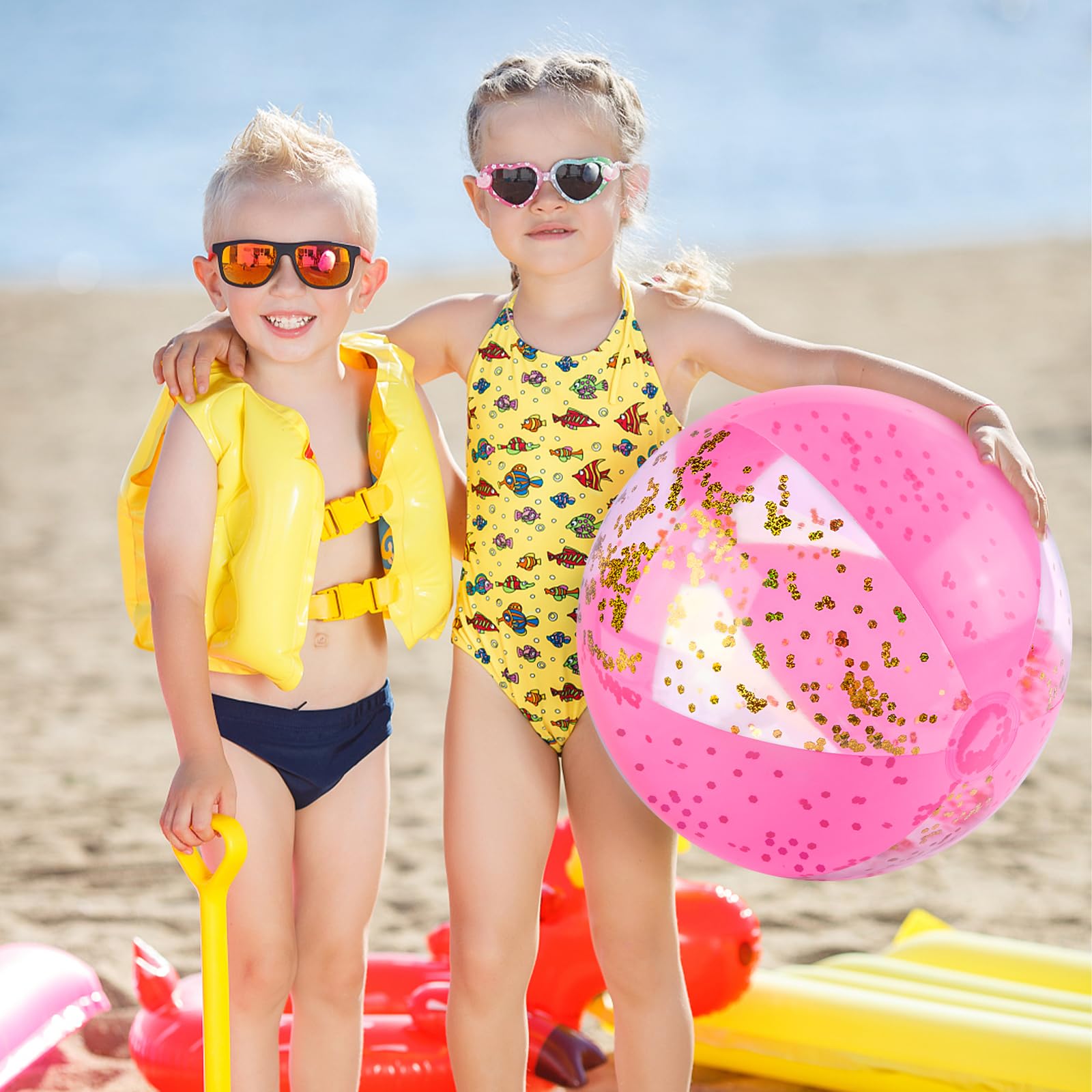 AMOR PRESENT 2PCS Inflatable Beach Balls, Glitter Beach Balls 16inch Pink Balls for Kids Toddlers Swimming Pool Party Summer