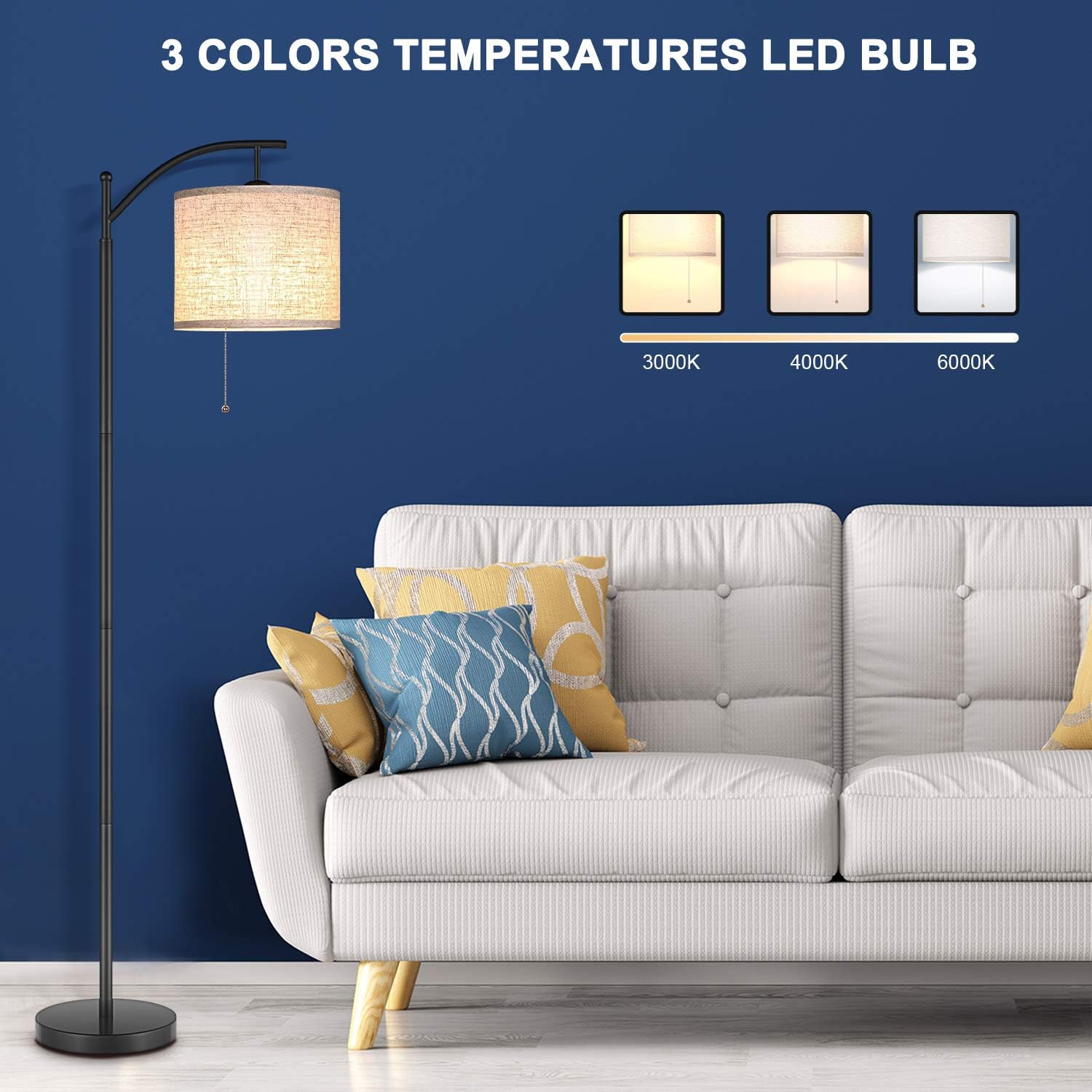 JOOFO Floor Lamp, Living Room Floor Lamps, Reading Standing Light with Hanging Lampshade, 9W LED Light Bulb and 3 Color Temperatures Floor Lamp for Living Room, Bedrooms, Office (Black) - - 