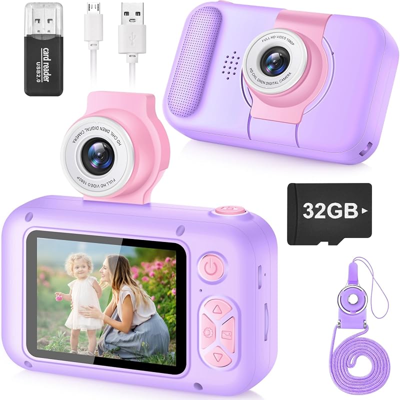 ARNSSIEN Kids Camera Toy 2.4in IPS 180° Flip Lens 32GB TF Card 1080P