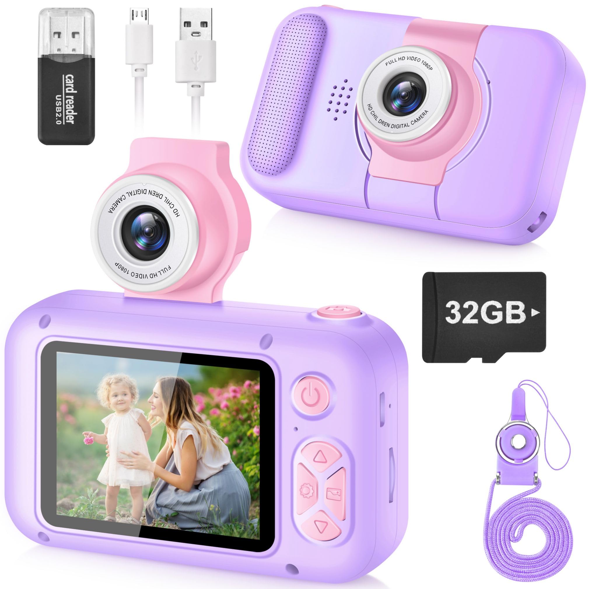 ARNSSIEN Kids Camera Toy for 3 4 5 6 7 8 9 10 11 12 year old Girls/Boys,Kids Digital Camera for Toddler with 180°Flip Lens&2.4in IPS Screen,Birthday Festival Present Toy for Girls/Boys,32 GB Card,X101