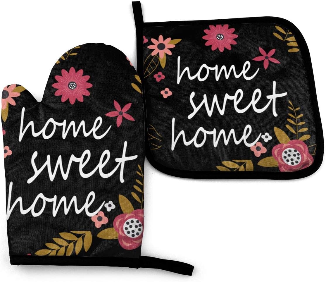 Home Sweet Oven Mitts and Pot Holders Sets, Durable Gloves with Hanging Loop Heat Resistant to Protect Hands and Surfaces, for Baking, Cooking, BBQ, Easy to Clean