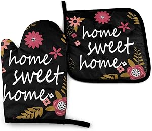 Home Sweet Oven Mitts and Pot Holders Sets, Durable Gloves with Hanging Loop Heat Resistant to Protect Hands and Surfaces, for Baking, Cooking, BBQ, Easy to Clean