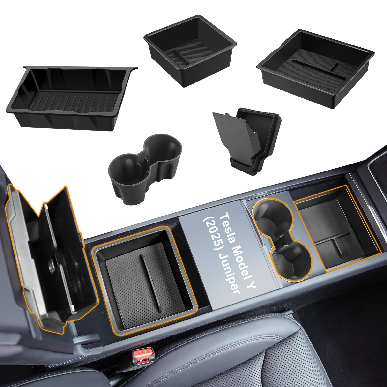 BANKKY 5PCS Center Console Organizer Tray for Tesla Model Y Juniper 2025 2026 Accessories Underseat Armrest Storage Cup Holder Hidden Compartment for Family Travel Kids Daily Commute Road Trips Image
