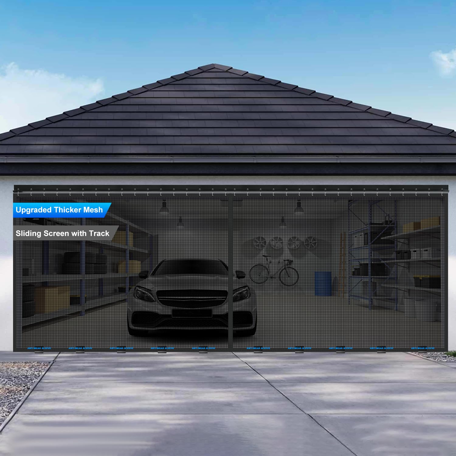 Photo 1 of Sliding Garage Door Screen 16x7FT for 2 Car Garage Doors, Magnetic Garage Screen Door with Track Closure, Thicker 265g/? Mesh, 16x7Ft Retractable Garage Door Screen(Patent has Been published)