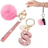 Initial Letter Keychain for Women Girl Bling Rhinestone Sparkly Bag Backpack Purse Charm Cute Pom Pom Key Chain Wristlet
