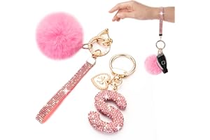 HONYJOOM Initial Letter Keychain for Women Girl Bling Rhinestone Sparkly Bag Backpack Purse Charm Cute Pom Pom Key Chain Wristlet