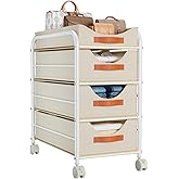 DIMJ Closet Organizers and Storage 4 Tier - Fabric Clothes Drawer Storage Bins, Stackable Rolling Storage Cart with Wheel, Small Dresser for Closet Bedroom Nursery Office
