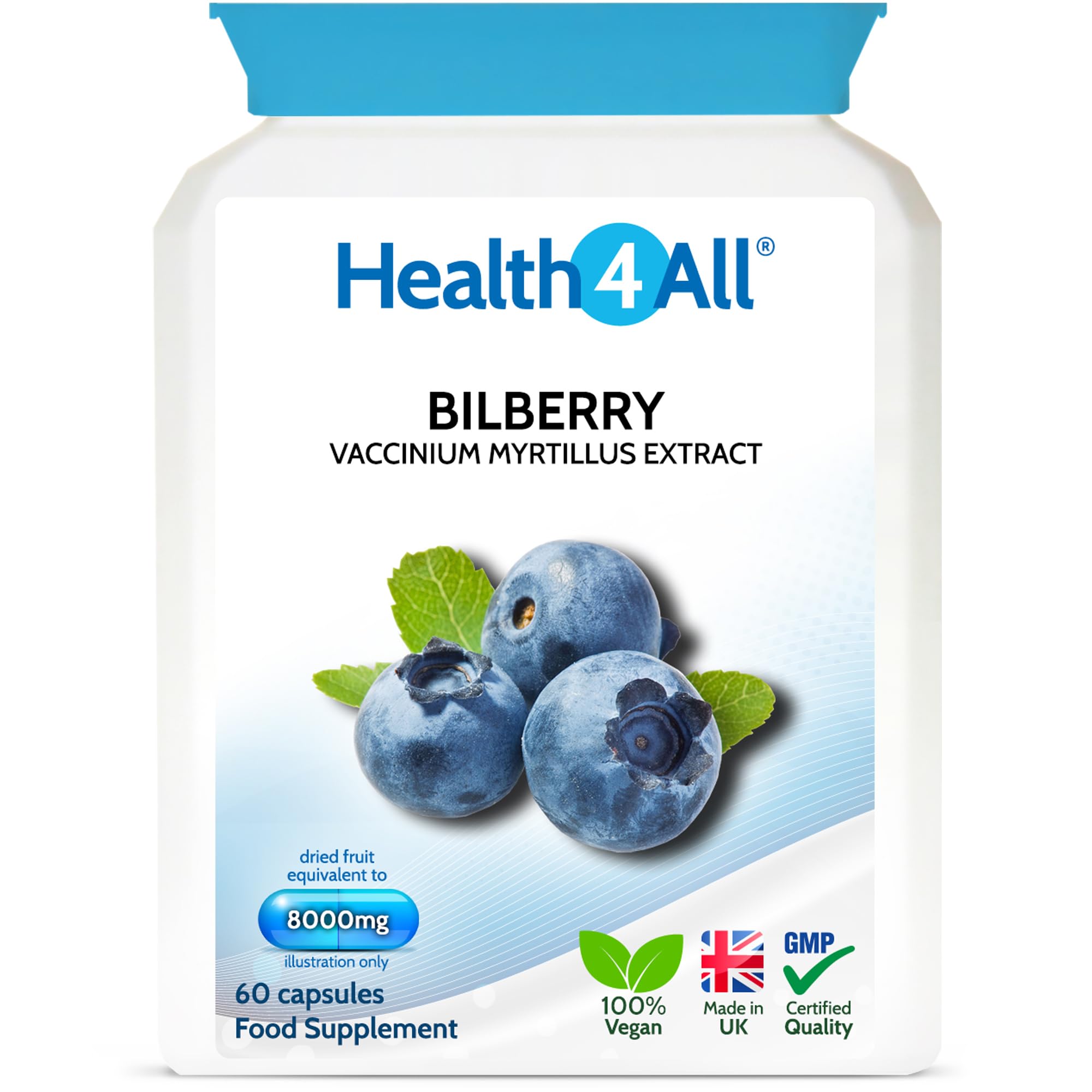 Health4All Bilberry Extract 8,000mg per Capsule, 60 Capsules 2 Months Supply, Pure High Strength Bilberry Eye Supplement, Antioxidant for Eye Health with Anthocyanidins, Easy to Swallow | Made in UK