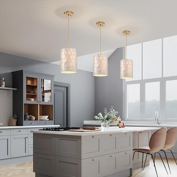 LUMFURN 1-LIGHT CAPIZ SHELL CHANDELIER, COASTAL DESIGN, MODERN PENDANT LIGHT FIXTURE FOR DINING ROOM, LIVING ROOM, KITCHEN ISLAND, D7 X H18~66″(ADJUSTABLE HEIGHT), SHELL LAMPSHADE & GOLD FINISH FRAME