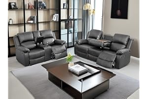 Dekmxas 2PCS Black Recliner Sofa Set Living Room Furniture Sets Manual Reclining Couch Set Vegan Leather Loveseat and Sofa Set with Cup Holders/Storage Console for Home/Office (j-Black, Sofa+Loveseat)