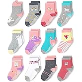 CozyWay Baby & Toddler Socks With Grippers Non Slip Crew Grip Socks for Girls and Boys Soft Comfy Cotton - 12 Pack