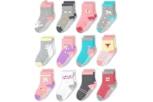 CozyWay Baby & Toddler Socks With Grippers Non Slip Crew Grip Socks for Girls and Boys Soft Comfy Cotton - 12 Pack