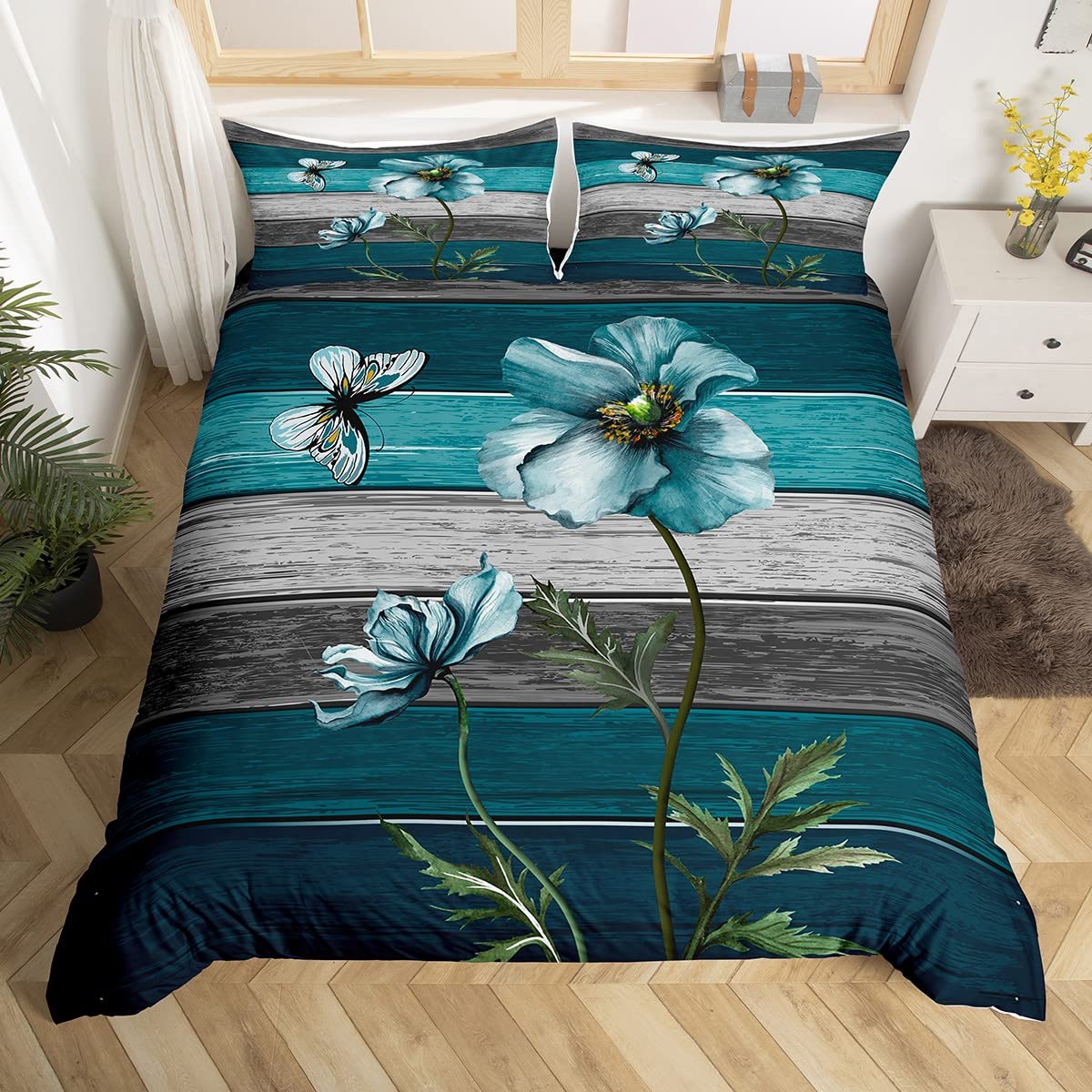 Rustic Duvet Cover Set Double Size, Watercolor Flower Butterfly Comforter Cover with 2 Pillowcases, Grey Teal Wooden Board Bedding Set 3pcs for Kid Girls Bedroom Decor Farmhouse Bedspread Cover — image 1