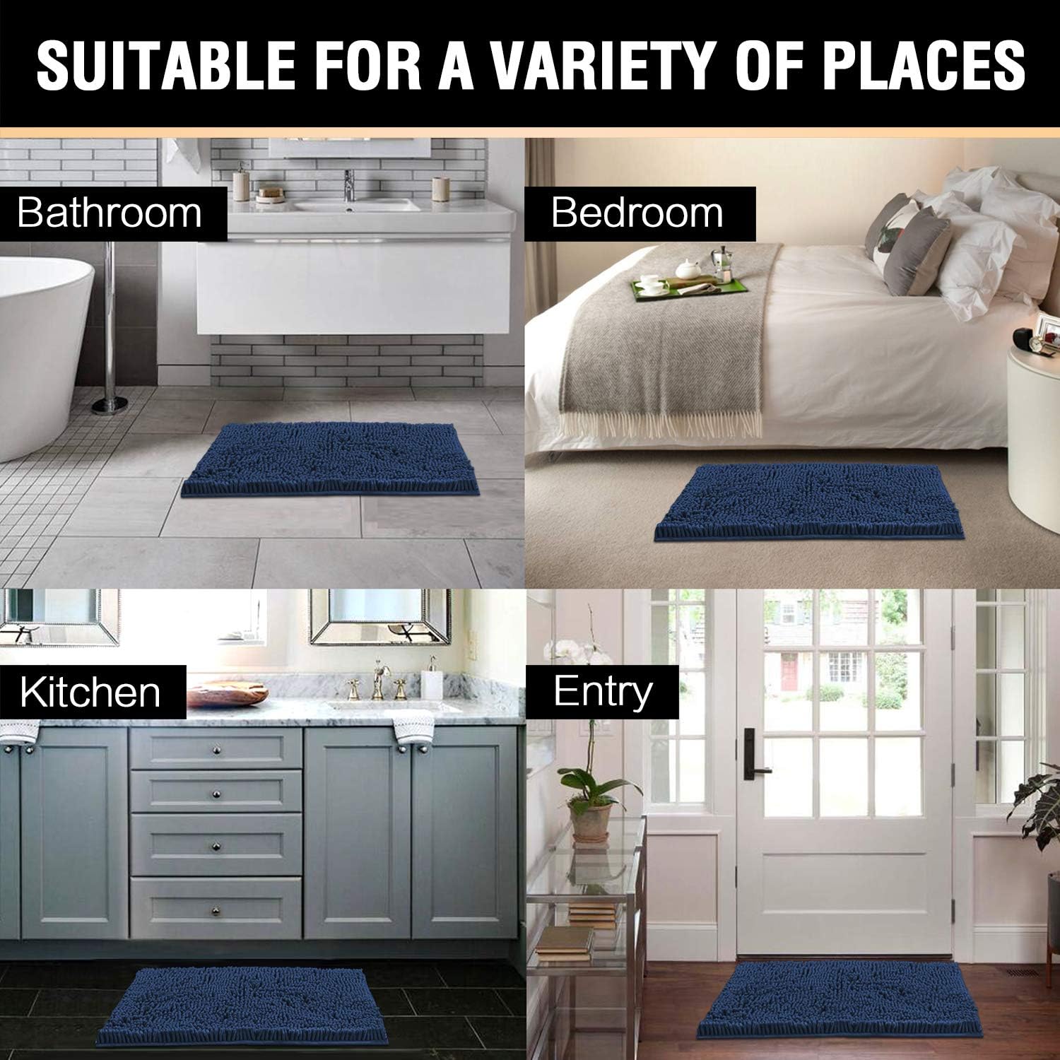 Plush Microfiber Bath Rugs Chenille Floor Mat Ultra Soft Washable Bathroom Dry Fast Water Absorbent Bedroom Area Rugs Kitchen Rugs Non Skid, 17 x 24 inches, Navy Rug: Home & Kitchen
