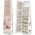 SONGMICS 6 LEDs Lockable Mirror Jewelry Cabinet, 360ｰ Swivel Jewelry Organizer Armoire Standing, Frameless Full-Length Mirror, 3 Storage Shelves, White Surface, Greige Lining UJJC007W02V1