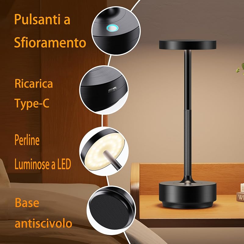 Lampada da tavolo senza fili LED Ricaricabile Dimmerabile 5000mAh 3 Modalità di Luce Uso Interno/Esterno batteria Lunga Durata Trasportabile USB-C Lampada da tavolo (Nero) — foto 4 di 8