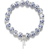 Chiorgone Blue and White Floral Ceramic Beaded Bracelet, Silver Bow Charm Stretch Jewelry, Vintage Chinoiserie Style for Women (Silver)