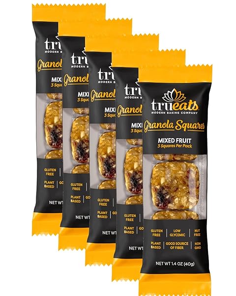 TRUEATS CHEWY GRANOLA SQUARES – MIXED FRUIT – PLANT BASED PROTEIN, SNACK BAR – LOW GLYCEMIC, RICH IN PROTEIN & FIBER, GLUTEN FREE, DAIRY FREE, NUT FREE, HEALTHY SNACK, BREAKFAST (3 SQUARES PER PACK) – (5 PACK)