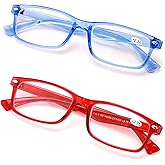 V.W.E. 2 Pairs Casual Rectangular Reading Glasses - Stylish Simple Readers Magnification Transparent Blue Red Clear