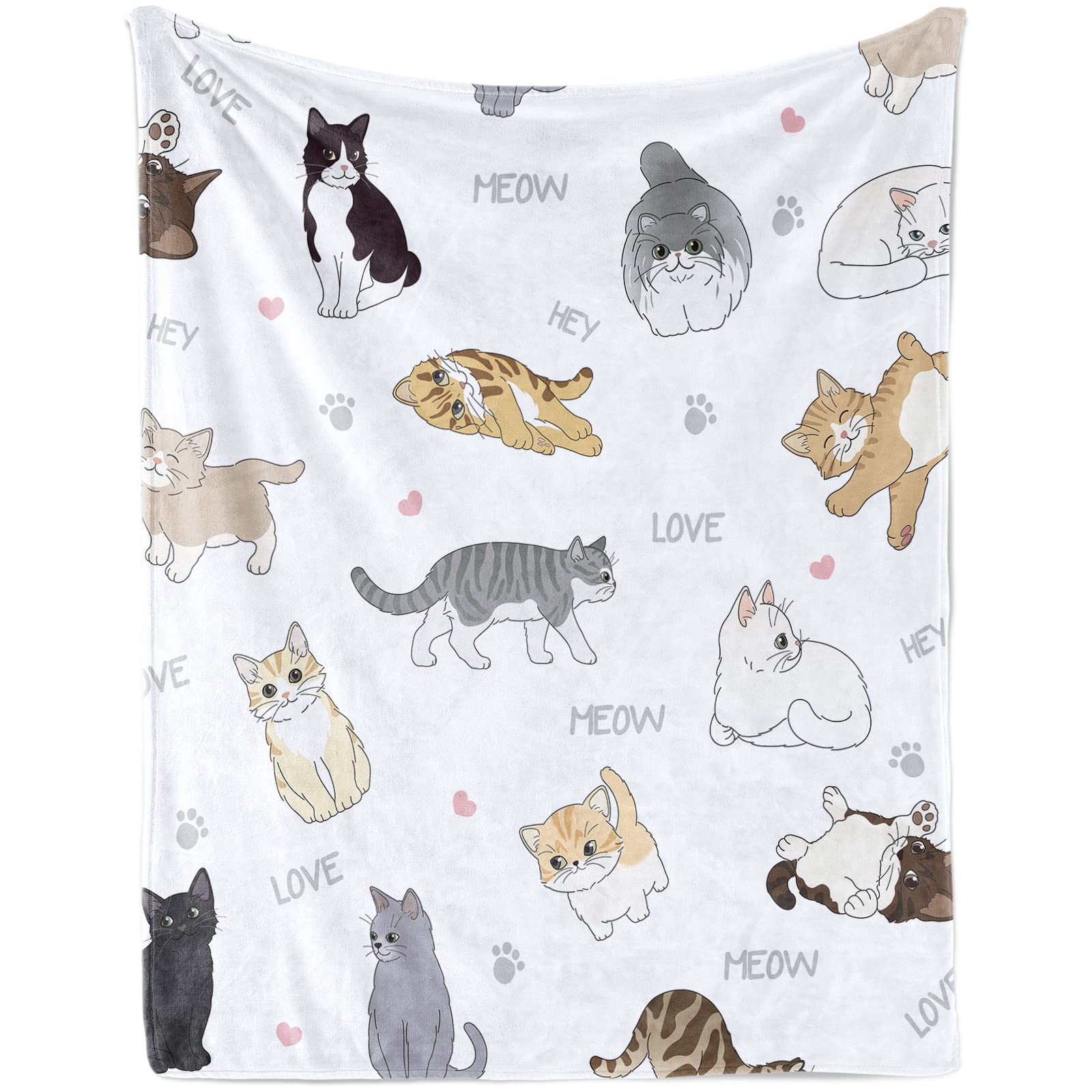 Cat Gift Blanket for Cat Lovers, Cute Cartoon Soft Plush Flannel Blanket with Cats On It for Kids Girls, Cozy Warm Lovely Kitten Print Fluffy Throw Blanket for Baby Toddler Crib Couch, 100 x 130 cm