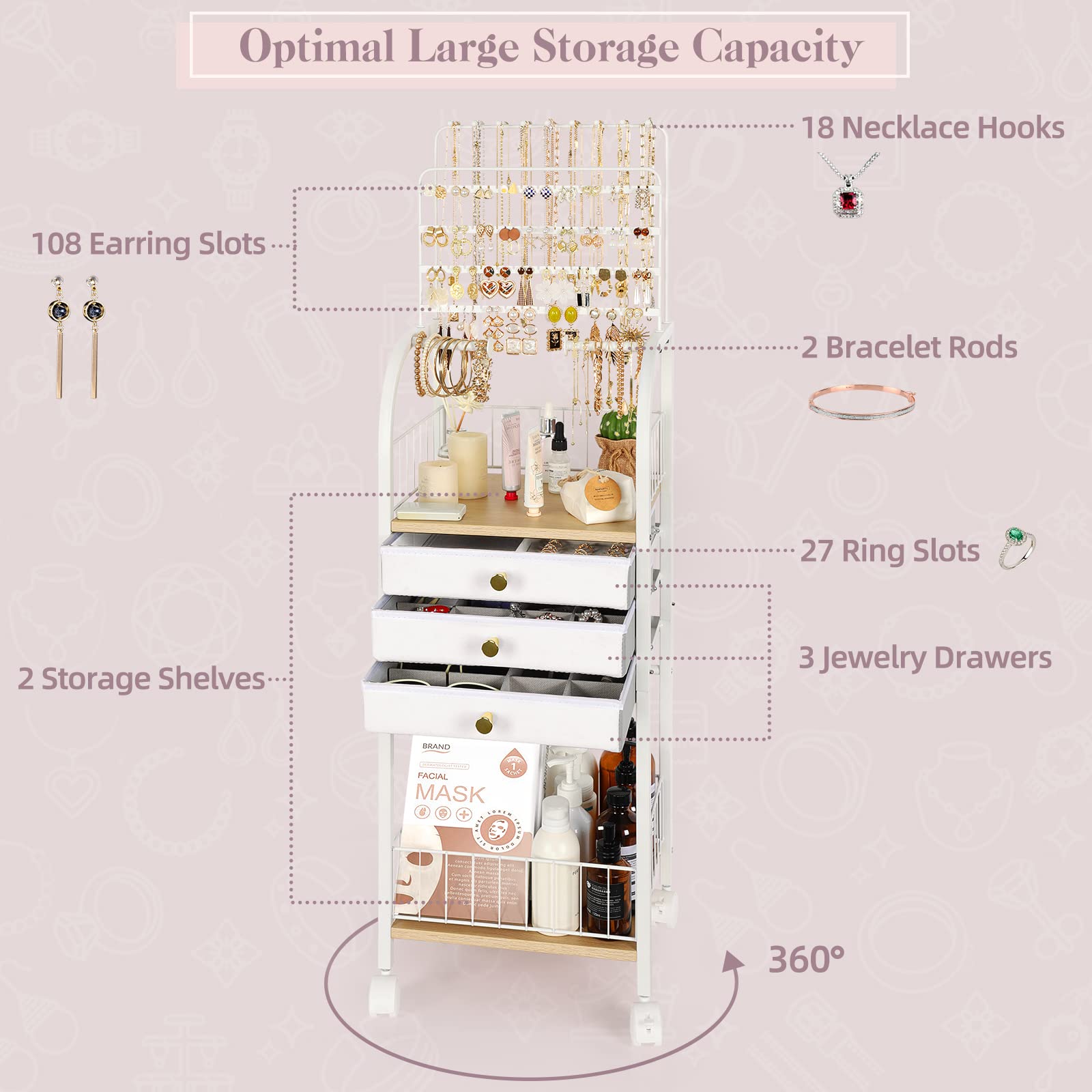 Keebofly Keebofly Large Jewelry Organizer Stand with 3 Box Drawer - Necklace Organizer Earring Storage Armoire Holder with Display for Earring Necklace Ring Bracelet