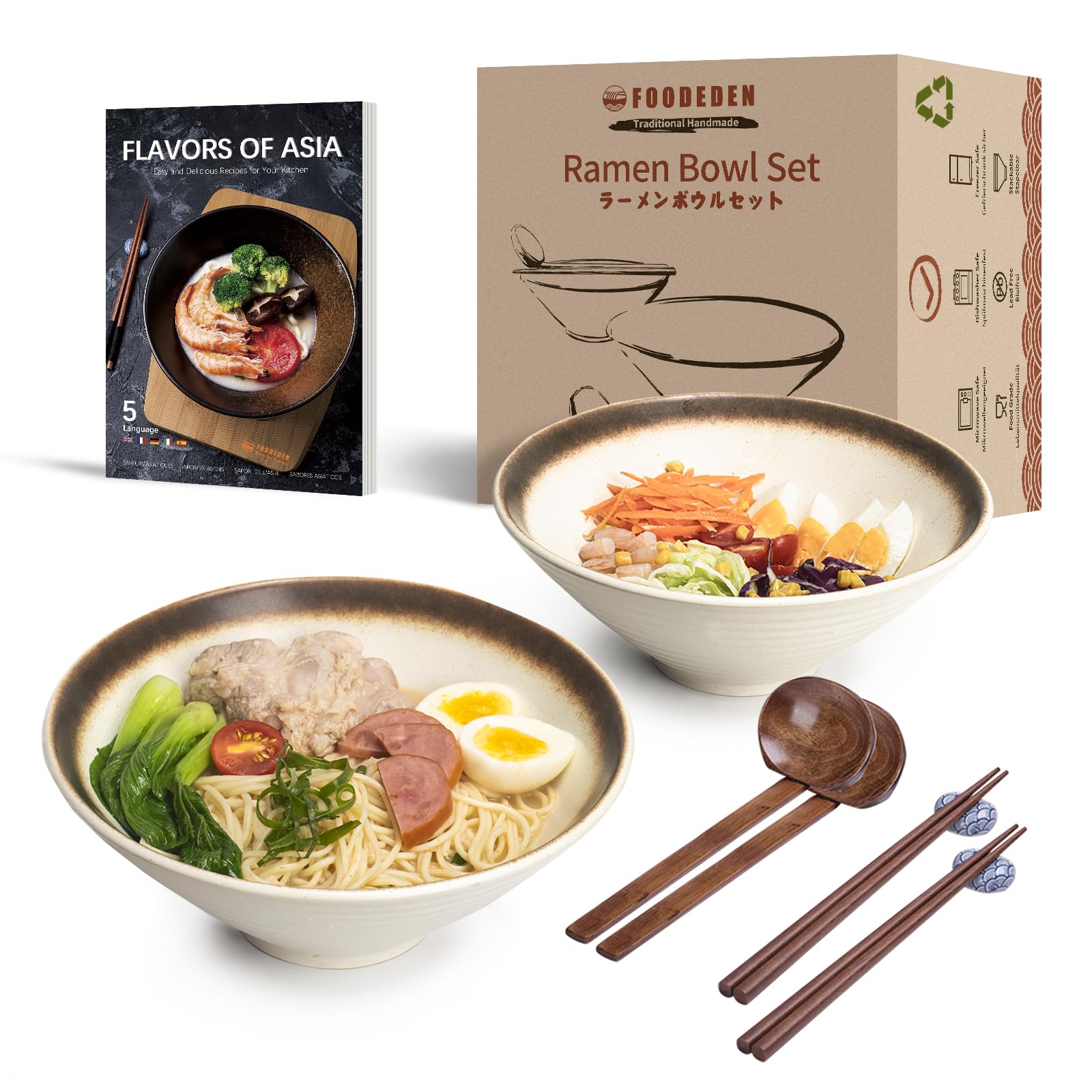 foodeden Ramen Bowl Set of 2, Japanese Ceramic Noodle Bowls (with Spoons, Chopsticks Kits) for Pasta, Soup, Cereal, Pho, Udon, Mixing Salad & Snack, Home Warming Gift (Mocha, 2×1500ml)