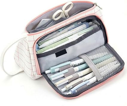 Amazon ペンケース 大容量 ペンポーチ ペン入れ 筆箱 おしゃれ シンプル 学生用 仕事用 ダブルファスナー ペンバッグ キャンバス 綿麻収納 ケース 新タイプ 小物整理 持ち運び便利 ピンク格子 ペンケース 文房具 オフィス用品