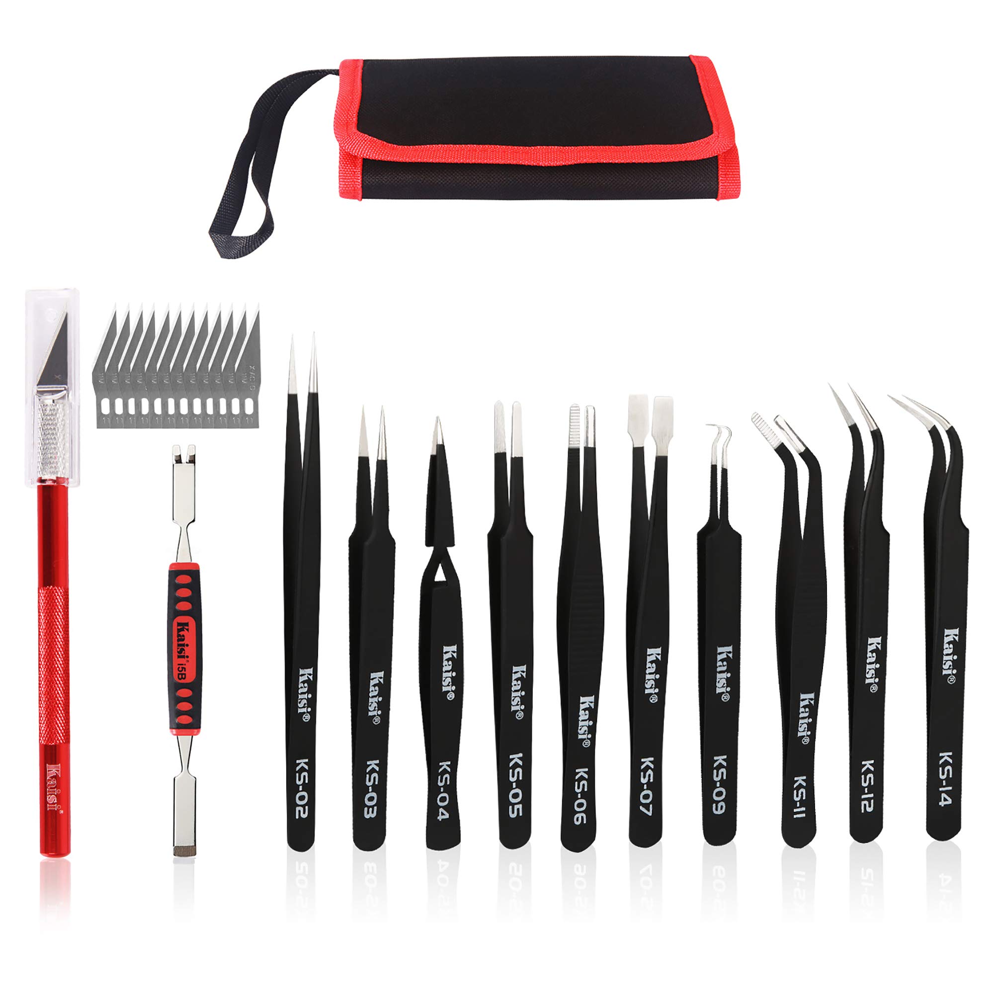 Kaisi 12-Piece ESD Tweezer Set, Anti-Static Stainless Steel Tweezers Kit - Curved, Straight, Pointed Tips for Craft, Jewelry, Electronics, Lab Work