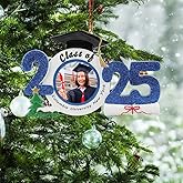 2025 Graduate Personalized Ornament - Class of 2025 Graduation Christmas Ornament - Congrats Graduation Photo Frame Ornament - Unique Graduation Cap Gifts for Him Her (Blue)