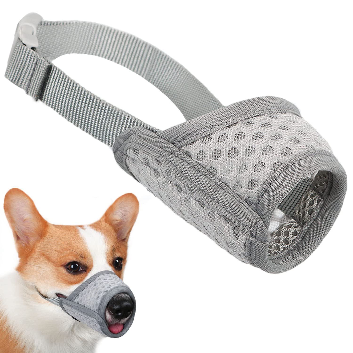 Dog Muzzle Soft Mesh Muzzle - Adjustable Breathable Dog Muzzle, Dog Mask, Mouth Cover for Anti-Biting Anti-Barking, Allows Panting Drinking (Grey, Size M)