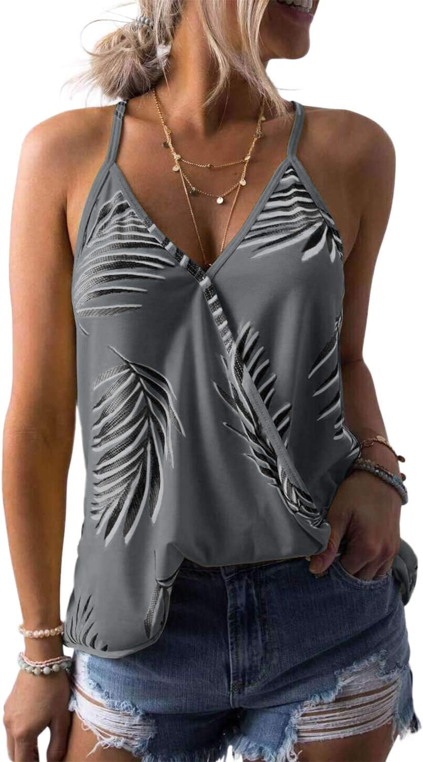 Women Summer V Neck Boho Floral Print Tank Tops Casual Sleeveless Shirts Camis
