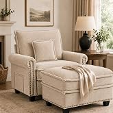 LUXSeatful 42-inch Nailhead Trim Sofa with Ottoman, Modern Corduroy Small Couch with Rolled Arms, Single Sofa Chaise Lounge for Living Room, Bedroom, Farmhouse Decor (Cofefe)