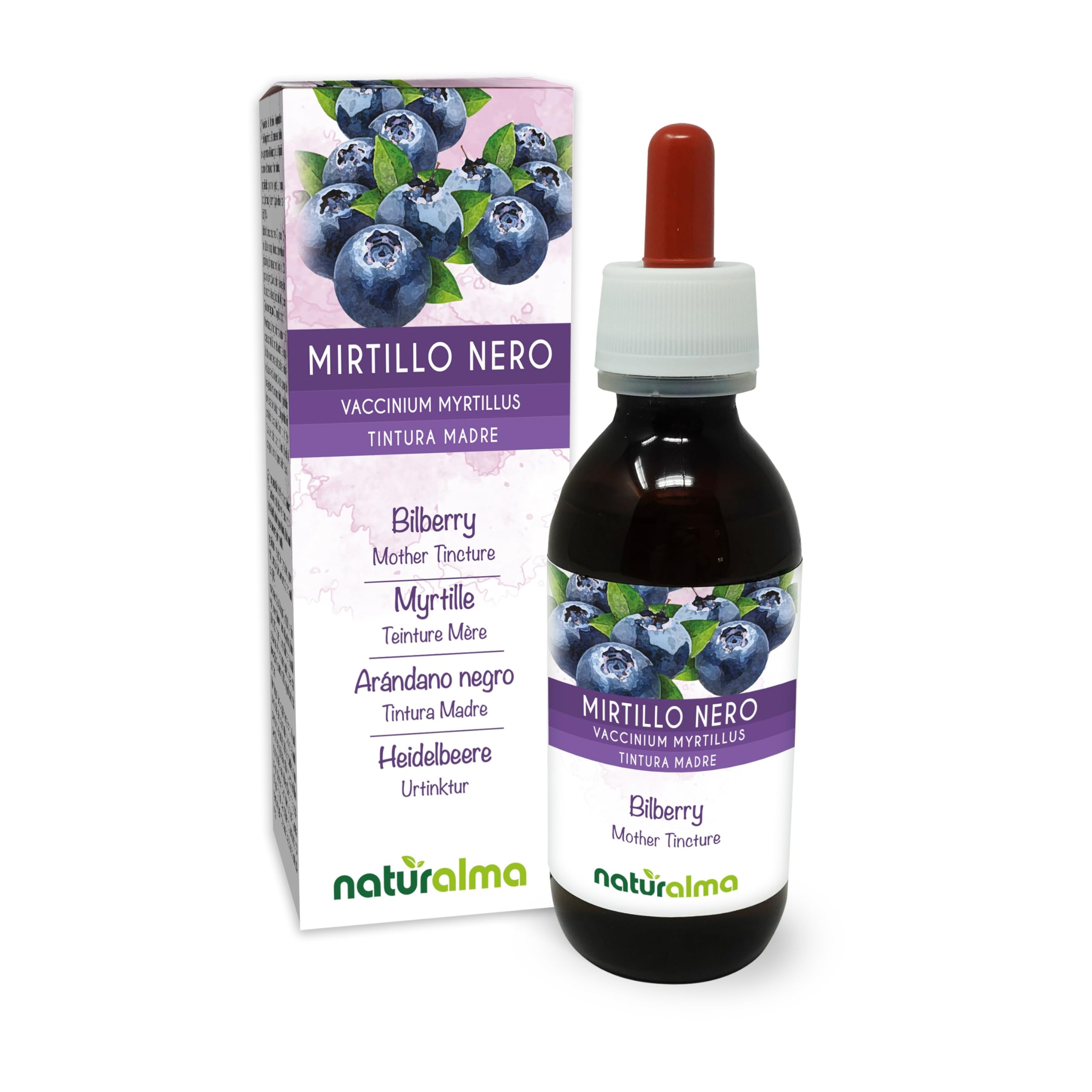 Bilberry or European Blueberry (Vaccinium myrtillus) Fruits Alcohol-Free Mother Tincture Naturalma - Liquid Extract Drops 100 ml - Food Supplement - Vegan