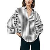 Agoeast Womens Striped Button Down Shirts Lapel V Neck 3/4 Sleeve Casual Blouses Summer Loose Fit Tops