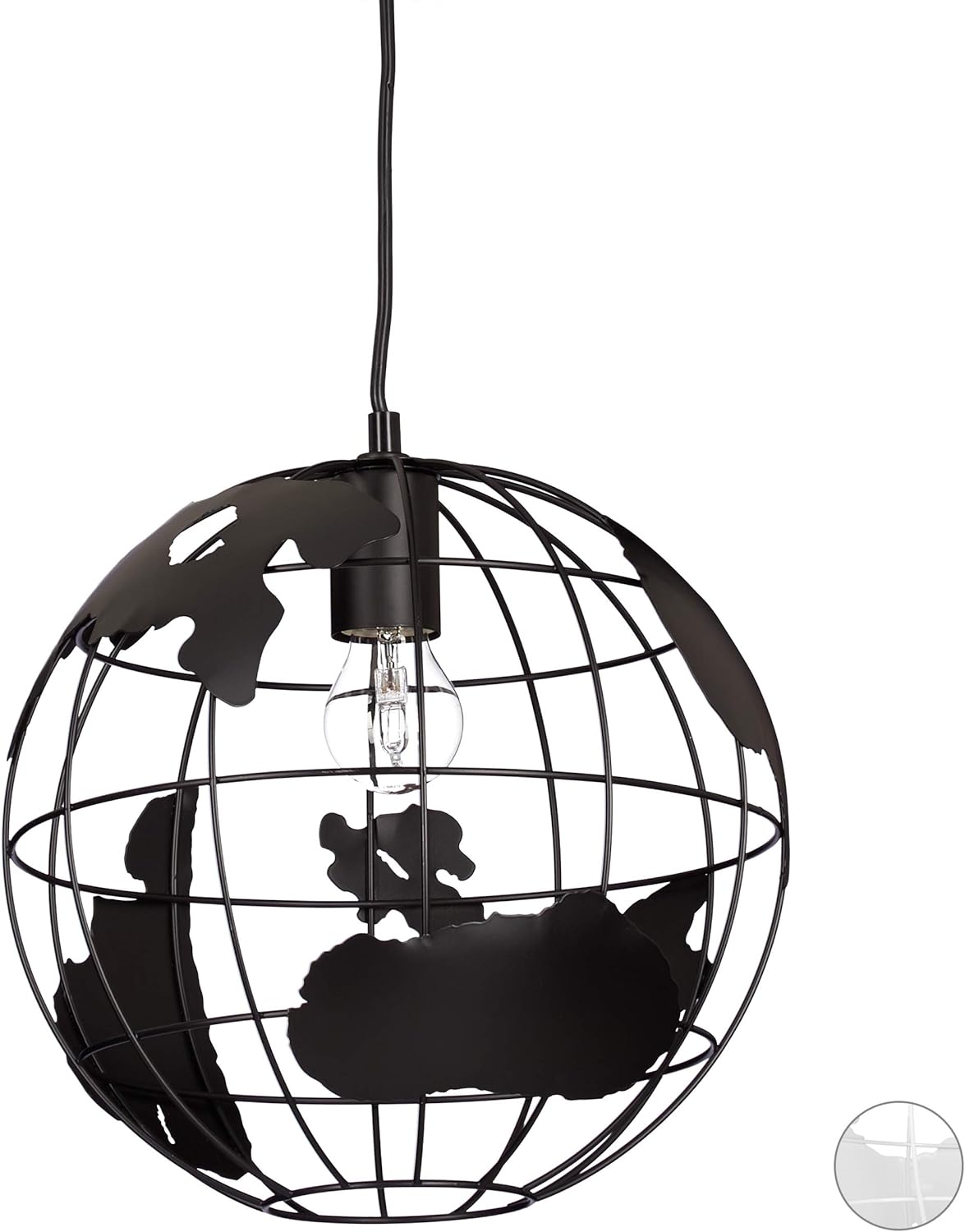 Relaxdays Hanging Lamp Sphere, Pendant Lamp with Globe Design, Adjustable, Metal, diameter 30 cm, Black, 30 x 30 x 135 cm