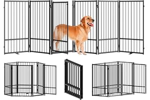SNUOWU Full Metal Freestanding Dog Gate with Door, 32''Height Foldable Pet Dog Fence for Indoor & Outdoor, 6 Panels Extra Wide Free Standing TallDog Gates for Doorways,House,Stairs,Porch,Deck,Yard