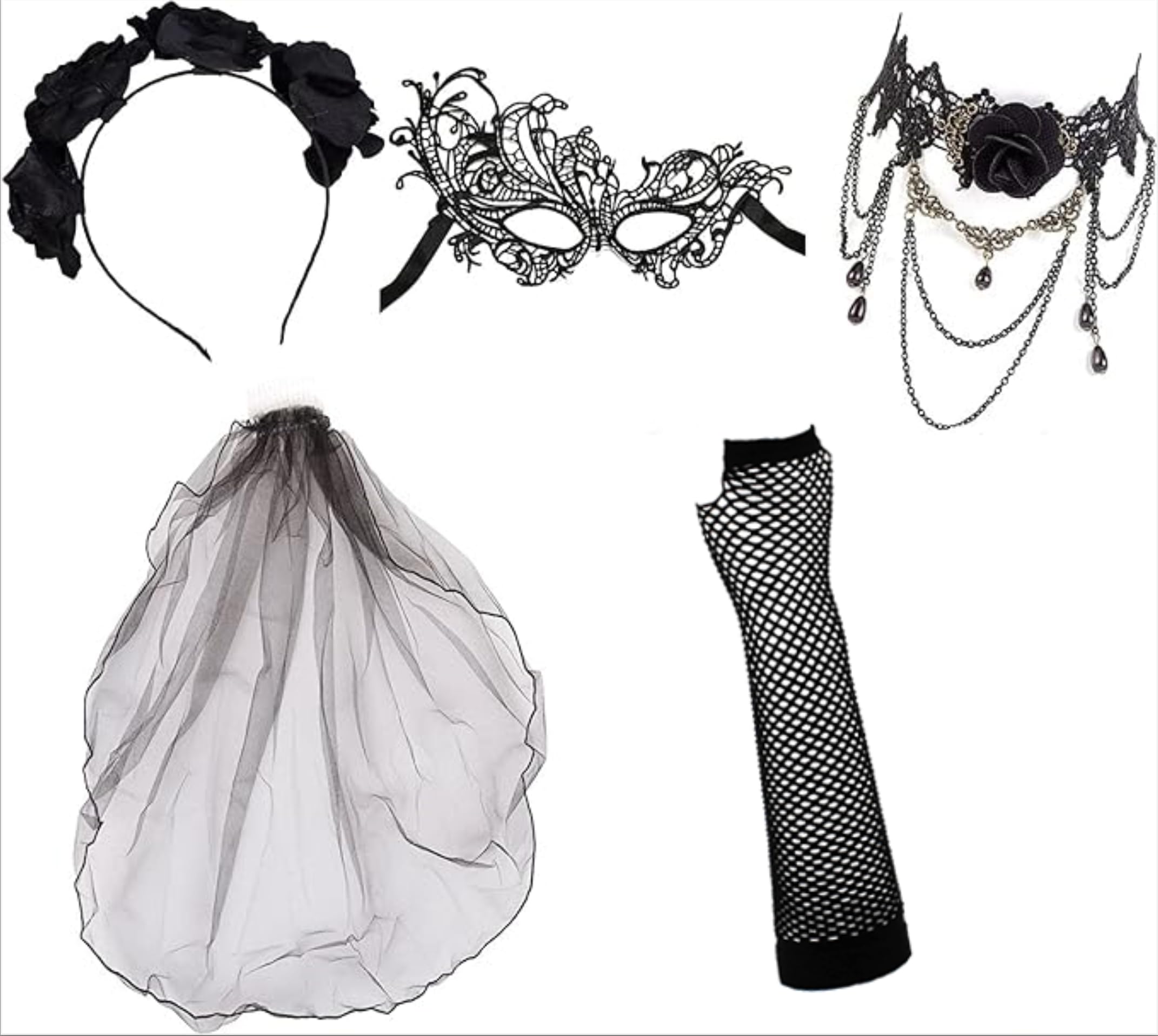 Robelli Ladies Day of the Dead Halloween Costume Accessories - Black Veil, Flower Headband, Rose Necklace, Lace Mask, Lace Fingerless Gloves