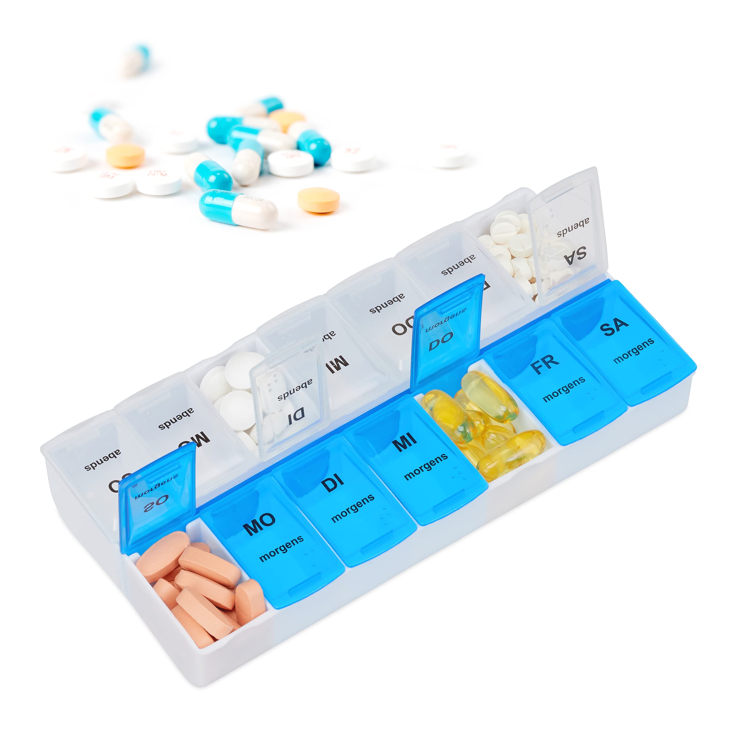 Relaxdays Pill Organiser for 7 Days, 2 Compartments, Morning and Evening, Weekly Pill Box for Home & Travels, White-Blue