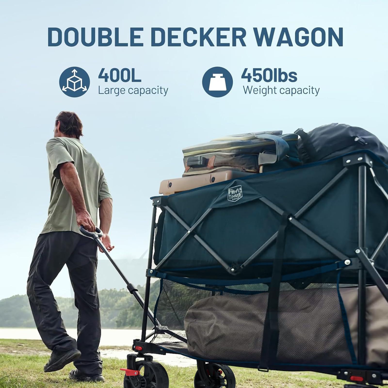 TIMBER RIDGE 400L Large Capacity Folding Double Decker Wagon with Brakes, 54