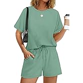 WIHOLL Women's 2 Piece Lounge Sets Short Sleeve T-Shirt and Drawstring Shorts Casual Pajamas Vacation Outfits with Pockets
