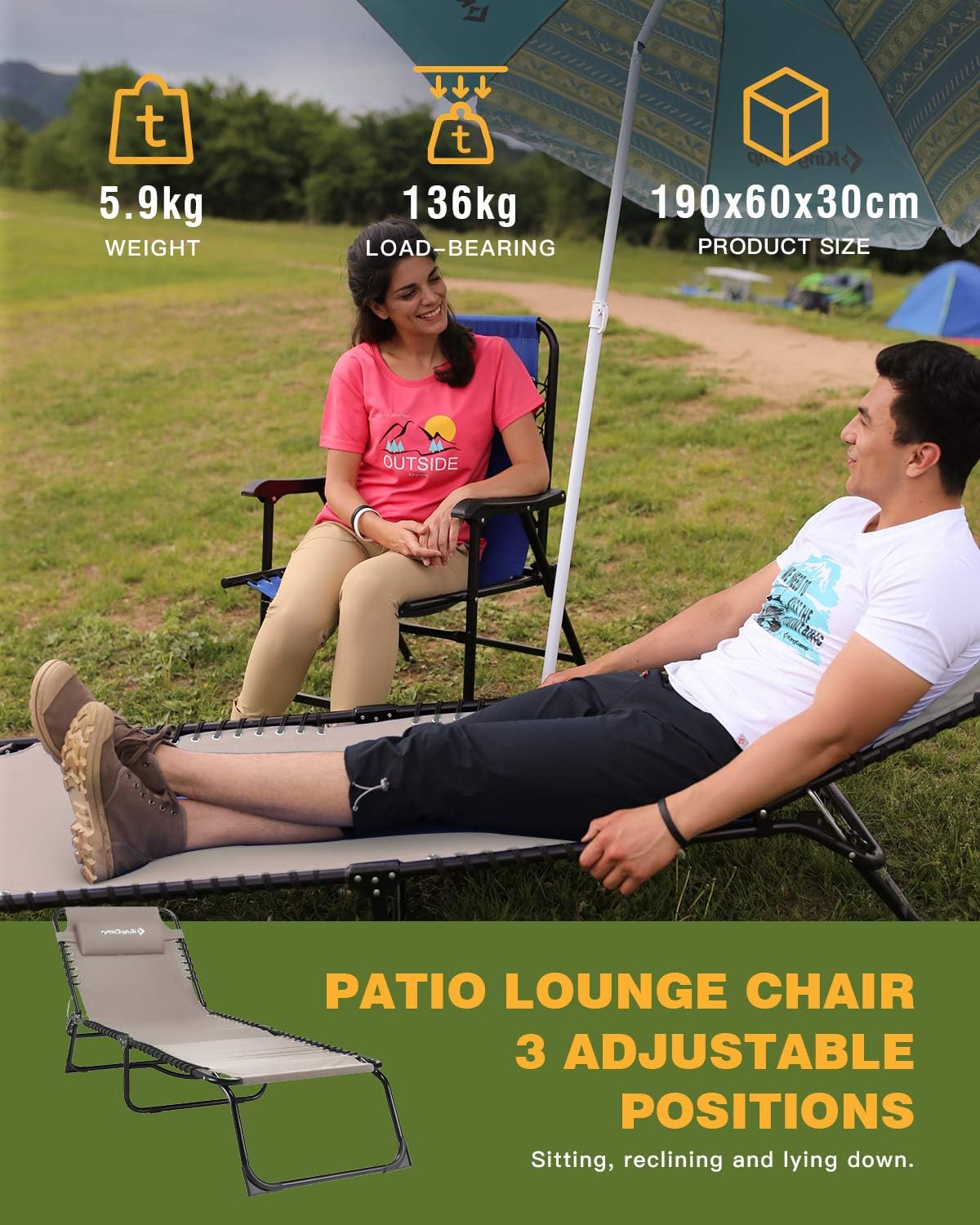 portable pool lounge chairs on Camping Furniture Portable Lightweight Heavy Duty Adjustable Camping Reclining Cot Bed With Pillow Deck Kingcamp 3 Fold Outdoor Folding Chaise Lounge Chair For Beach Pool Lawn Red Blue Patio Sunbathing Gray Outdoor Recreation