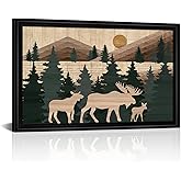 Visual Art Decor Moose Canvas Wall Art Mountain Painting Cabin Wall Decor, Black Frame 16x24inch Rustic Art Print Farmhouse Living Room Bedroom Office Decoration