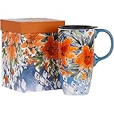 DUSVALLY Coffee Ceramic Mug Travel Coffee Mug Porcelain Latte Tea Cup With Lid and Color Box 17oz.Orange Flower