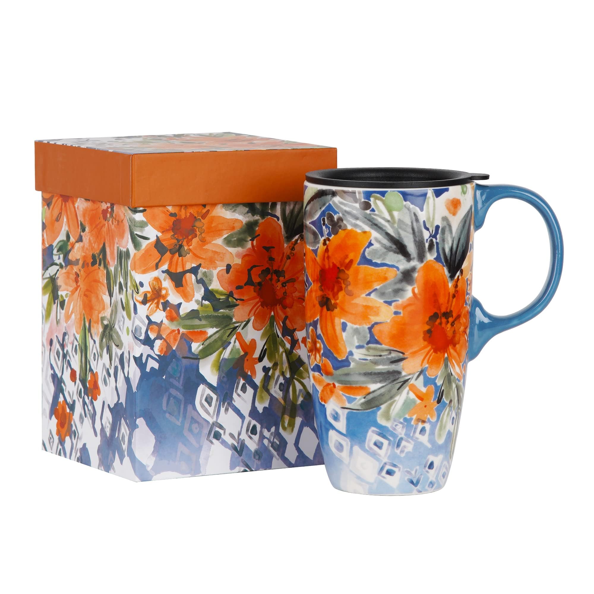 Topadorn Ceramic Travel Mug with Lid Coffee Mug with Gift Box Latte Mug Coffee Cup, 17oz Large Capacity Mug Home Office Gift, Orange Flower