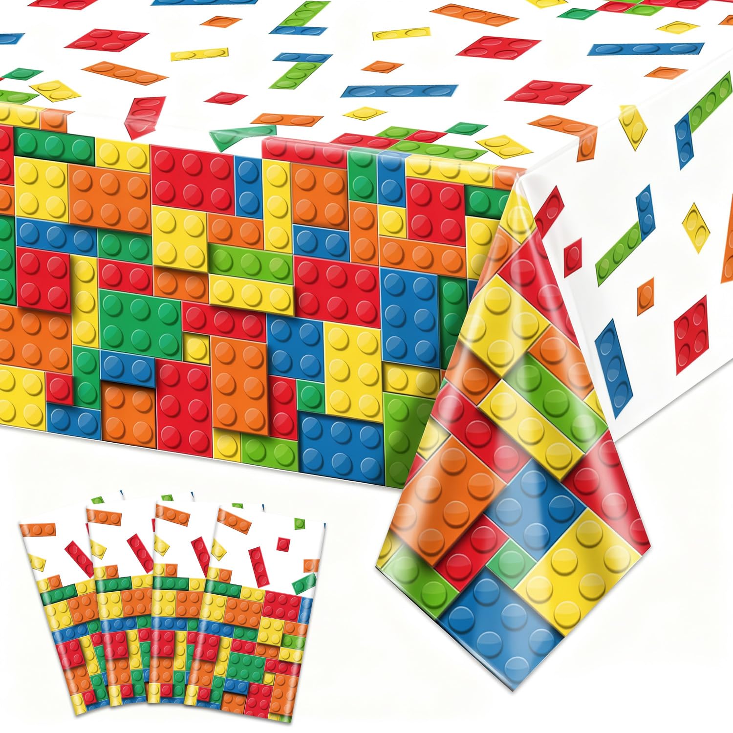 PTECDROTS 4Pcs Building Block Tablecloths, Rectangular Waterproof Colorful Blocks Bricks Table Cover for Building Block Game Party Decoration, 130 x 220cm — image 1