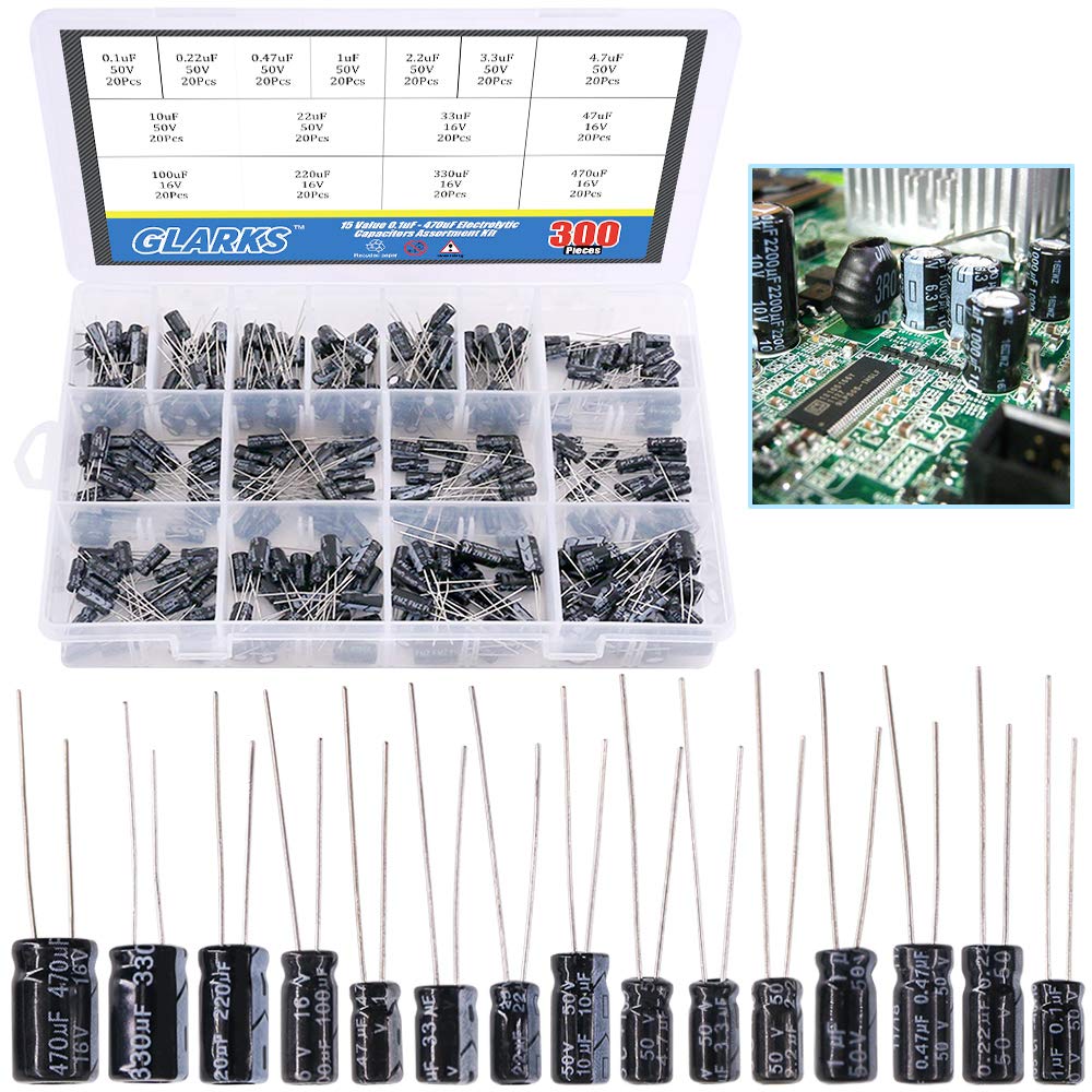 Glarks 300Pcs 15 Value 0.1uF - 470uF Electrolytic Capacitors Assortment Kit