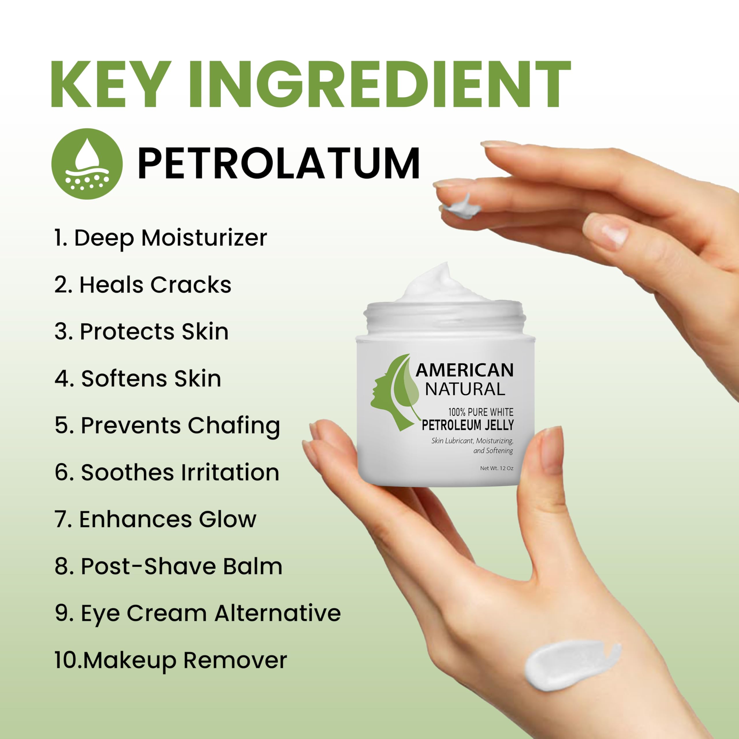 American Natural 100% Pure Ultra White Petroleum Jelly (12 Oz) - Travel Size Petrolatum Skin Protectant for Minor Cuts, Burns, Eczema & Diaper Rash, Multi-Use Organic Moisturizer for All skin type