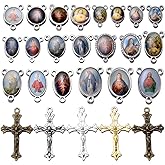 Weyuley 80pcs/40sets Rosary Cross and Center Miraculous Medal Charms Silver Picture Jesus Enamel Maria Our Lady Alloy Crucifix Pendants for DIY Necklace Bracelet Jewelry Making (A544)